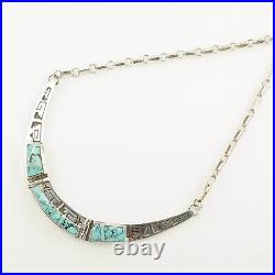 Vintage Native American Sterling Silver Turquoise Inlay Overlay Necklace