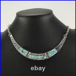 Vintage Native American Sterling Silver Turquoise Inlay Overlay Necklace