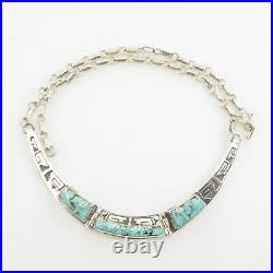 Vintage Native American Sterling Silver Turquoise Inlay Overlay Necklace