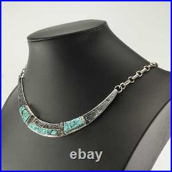 Vintage Native American Sterling Silver Turquoise Inlay Overlay Necklace