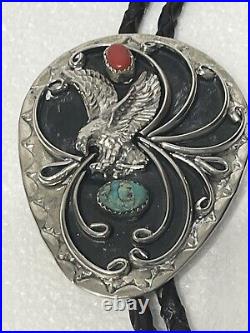 Vintage Native American eagle in Flight Turquoise And Coral Silver Bolo Tie