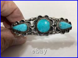 Vintage Navajo Native American Silver 3 Stone Turquoise Cuff Bracelet 1970's