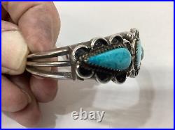 Vintage Navajo Native American Silver 3 Stone Turquoise Cuff Bracelet 1970's