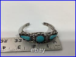 Vintage Navajo Native American Silver 3 Stone Turquoise Cuff Bracelet 1970's