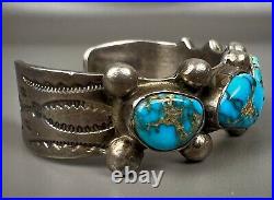 Vintage OLD Navajo Sterling Silver Gem Grade Turquoise Cuff Bracelet AWESOME