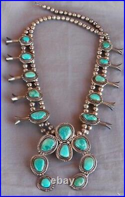 Vintage Silver Turquoise Native American Squash Blossom Necklace