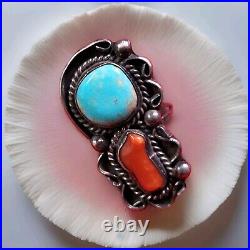 Vtg Navajo Native American Sterling Silver Turquoise Mediterranean Coral Ring 7