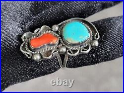 Vtg Navajo Native American Sterling Silver Turquoise Mediterranean Coral Ring 7