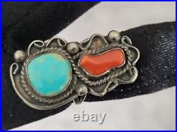 Vtg Navajo Native American Sterling Silver Turquoise Mediterranean Coral Ring 7