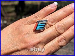 Zuni Ring Multi Stones Sterling Silver Inlay Native American Jewelry Sz 8.25