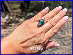 Zuni Ring Multi Stones Sterling Silver Inlay Native American Jewelry Sz 8.25