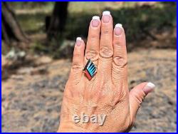 Zuni Ring Multi Stones Sterling Silver Inlay Native American Jewelry Sz 8.25