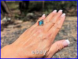 Zuni Ring Multi Stones Sterling Silver Inlay Native American Jewelry Sz 8.25