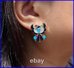 Zuni Thunderbird Inlay Earrings Sterling Silver Native American Handmade signed